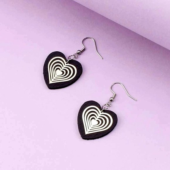 Any 4/$25! Black Foam Hearts w/Silver Laser Cut Overlay Drop Earrings - Picture 3 of 6